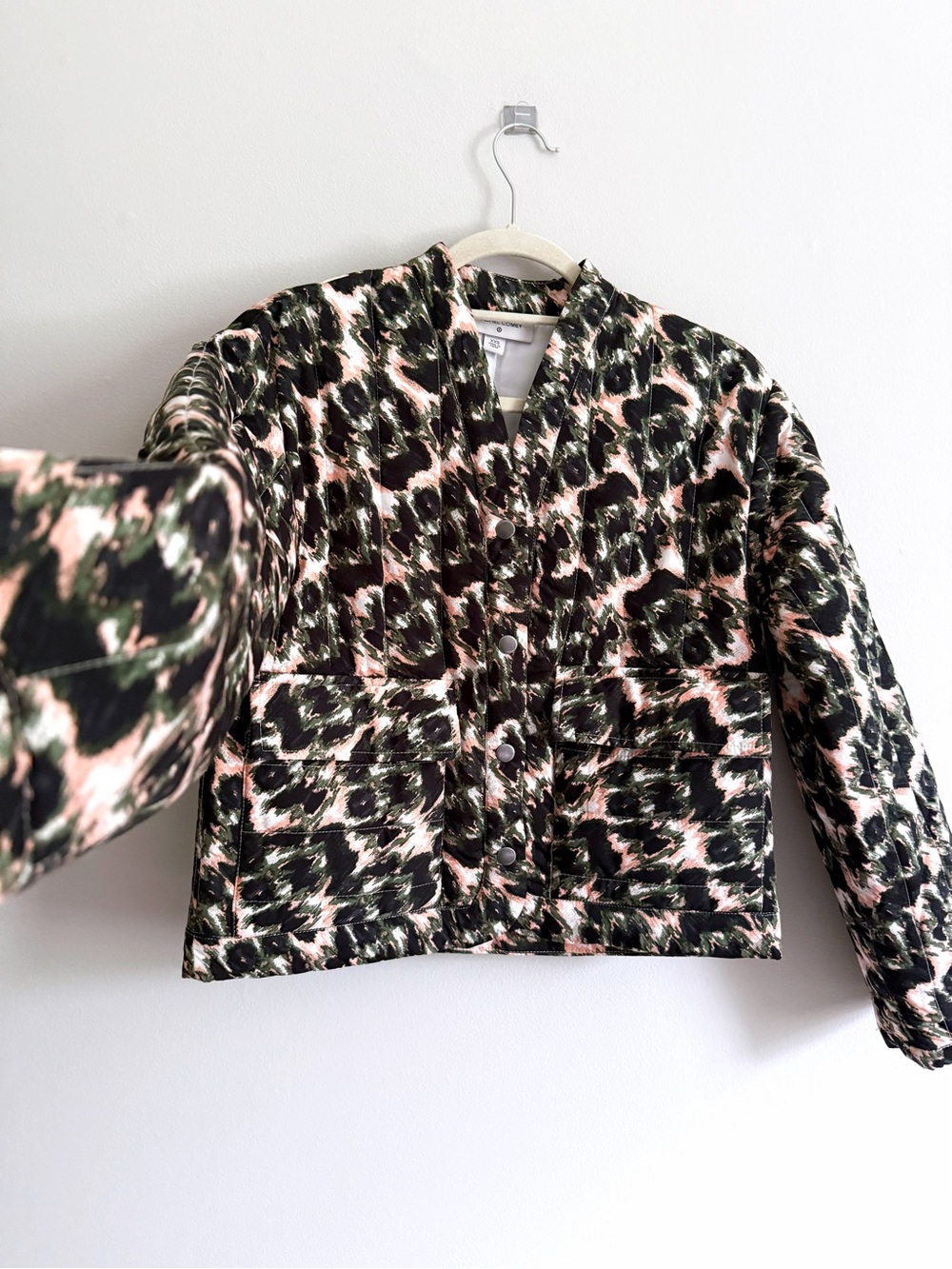 Rachel Comey Leopard Style Animal Print Jacket in Black, Quilted Coat Pink Green
